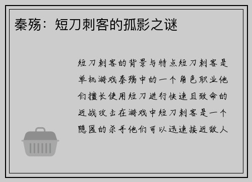 秦殇：短刀刺客的孤影之谜