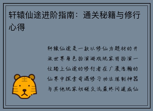 轩辕仙途进阶指南：通关秘籍与修行心得